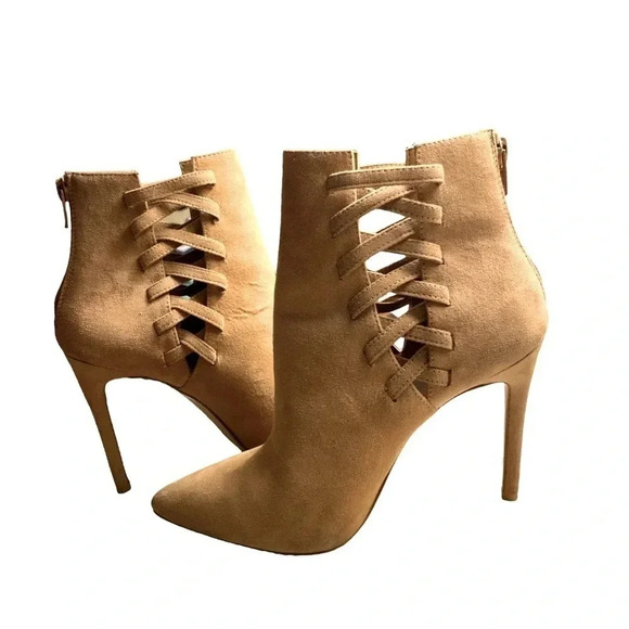 ALDO Tuxedo Stiletto Women Pointed Toe Canvas Tan Ankle Boot Size 6M - Picture 1 of 6